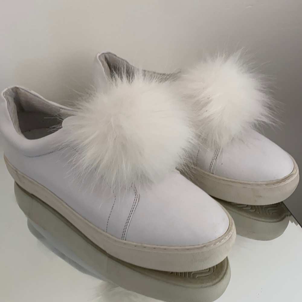 Jslide white sneakers with white Pom pom